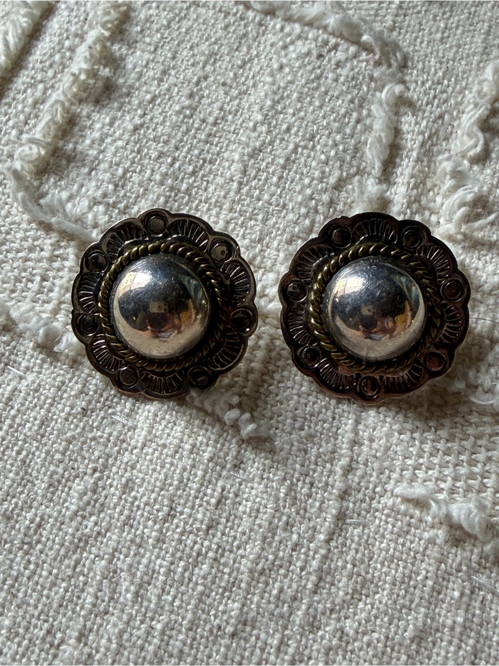 Antique-Style Metal Concho Earrings in Silver and Brass Tones